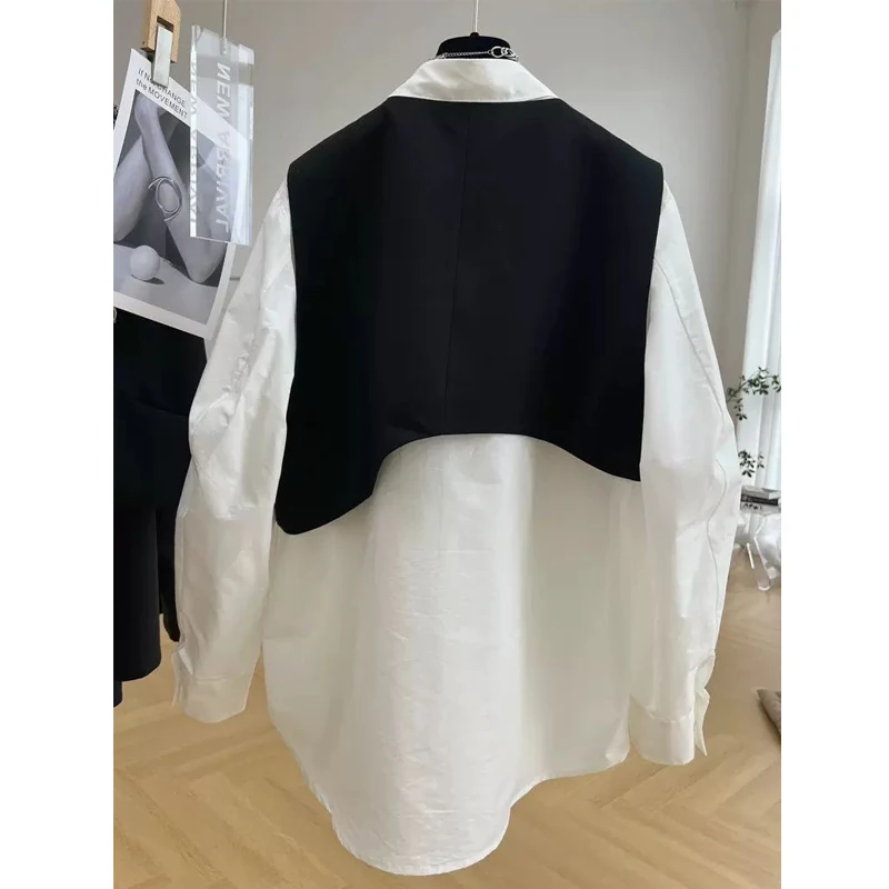 Women Clothing Fashion Asymmetrical Chic Vest Y2K Streetwear Oversize Long Sleeve Shirt Black White Minimalist Tunic Blouse Sets