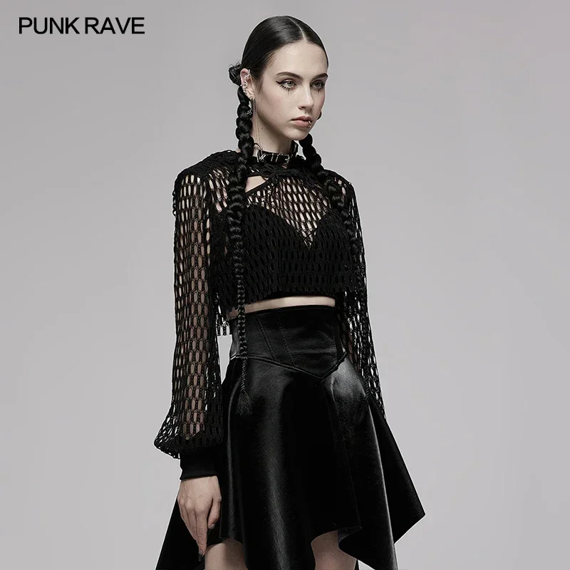 PUNK RAVE Women\'s Gothic Short Hollow Mesh Chinese Style Long Sleeve Sweatshirt Hooded Fashion Black Tops Spring/Autumn