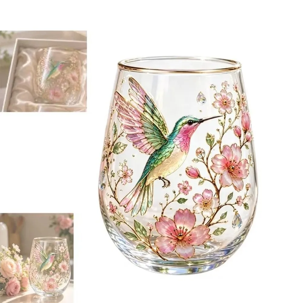 Transparent Hummingbird Joy Tea Cup Gold Rimmed Large Capacity Milk Decorative Tumbler Enamel Floral Bird Design Pastoral Style