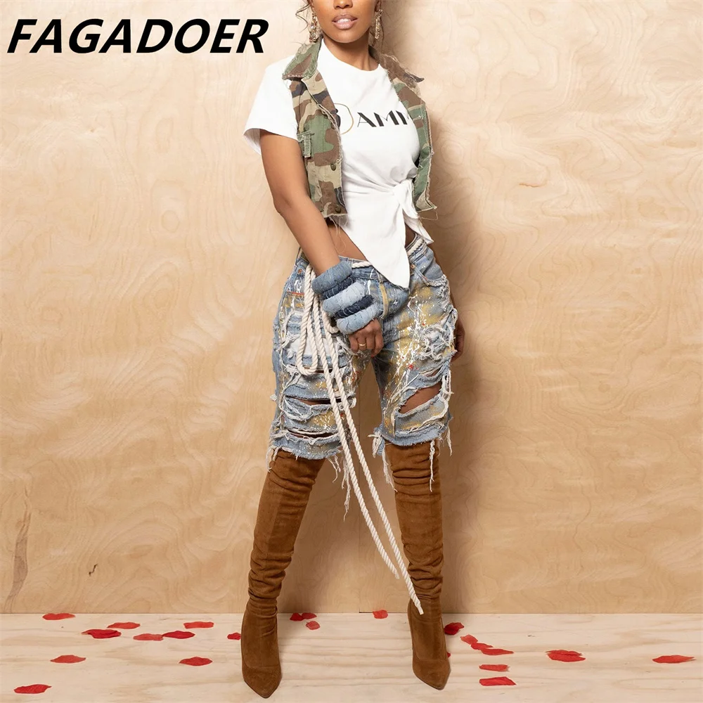 FAGADOER-Pantalon imprimé à trous pour femme, streetwear décontracté, taille haute, bouton, jean droit, été, style Harajuku