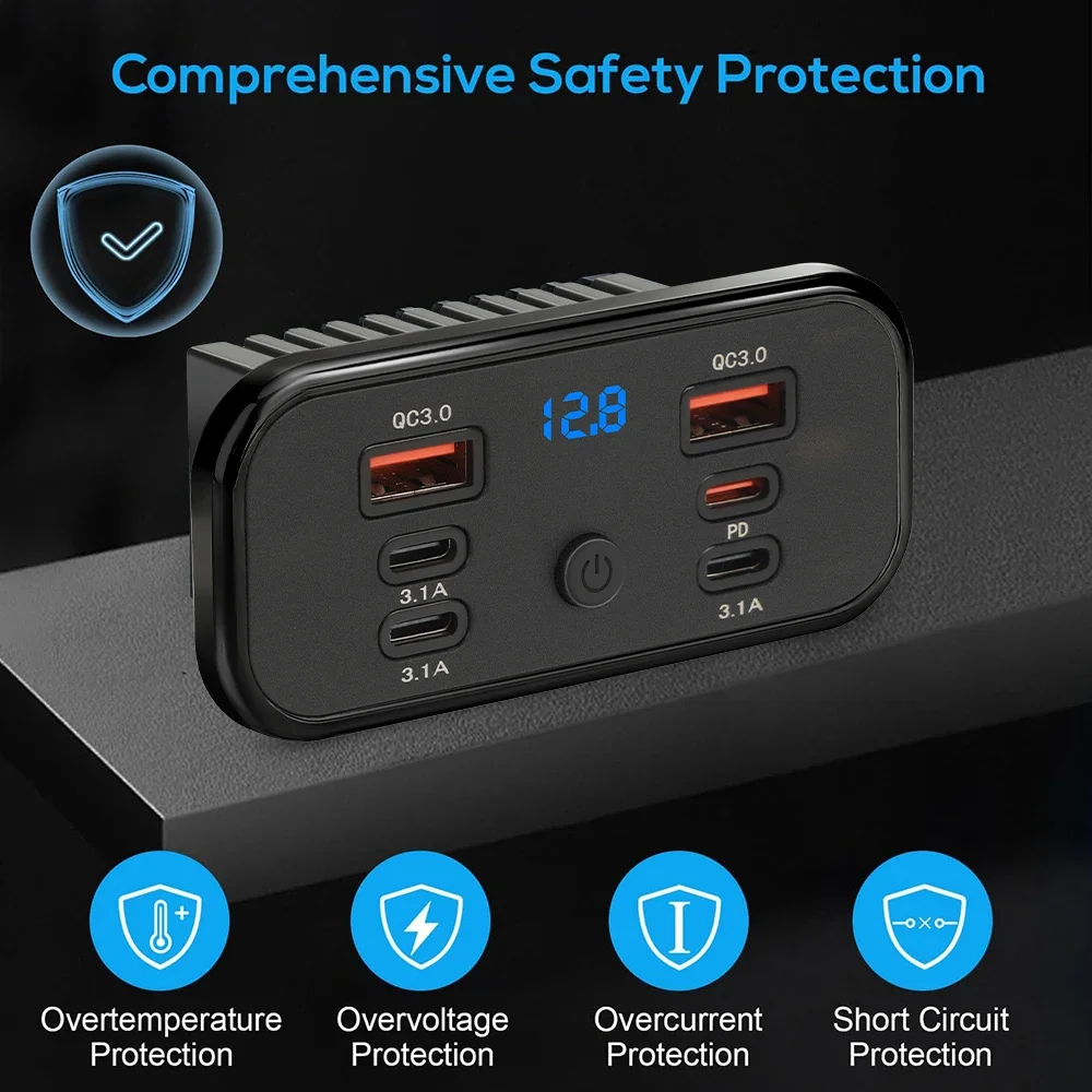 4‑6 Ports PD QC3.0 Fast Charger Panel 120W Type‑C USB Power Socket With Voltage Display 12‑24V For ATV UTV Truck RV Marine Car