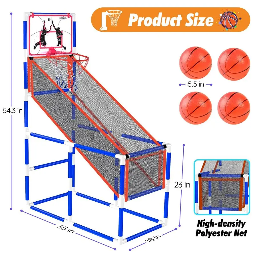 مجموعة ألعاب كرة السلة الداخلية، طوق أركيد كرة السلة بارتفاع قابل للتعديل مع مضخة 4 كرات أمبير، قاعدة طلقة واحدة للاستخدام الداخلي والخارجي