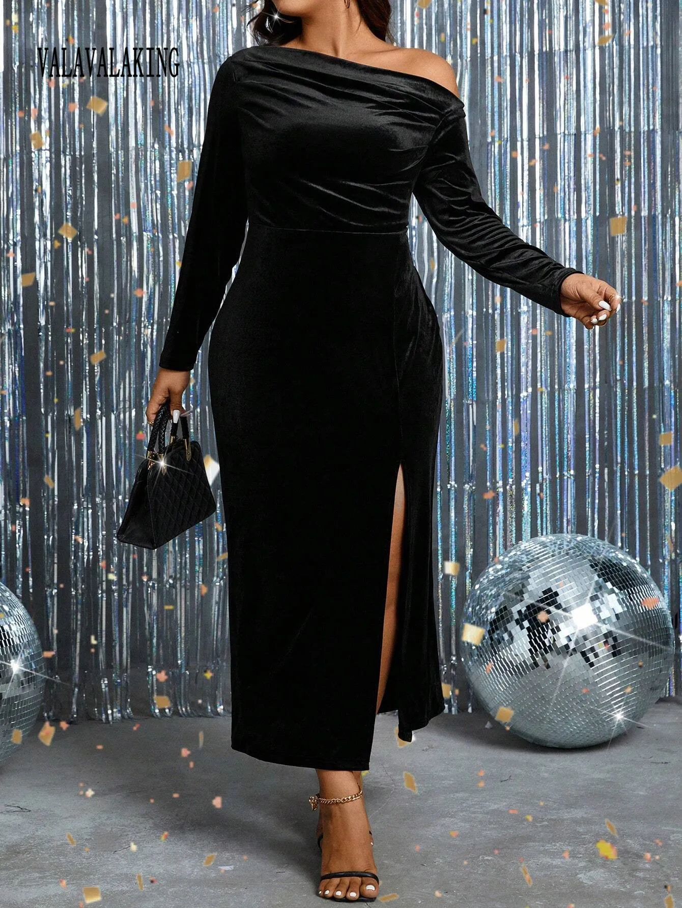 2025 Sexy Black Velvet Plus Size Dress Women Off Shoulder Long Sleeve Large Midi Dresses Ladies Big Split Evening Bodycon Dress