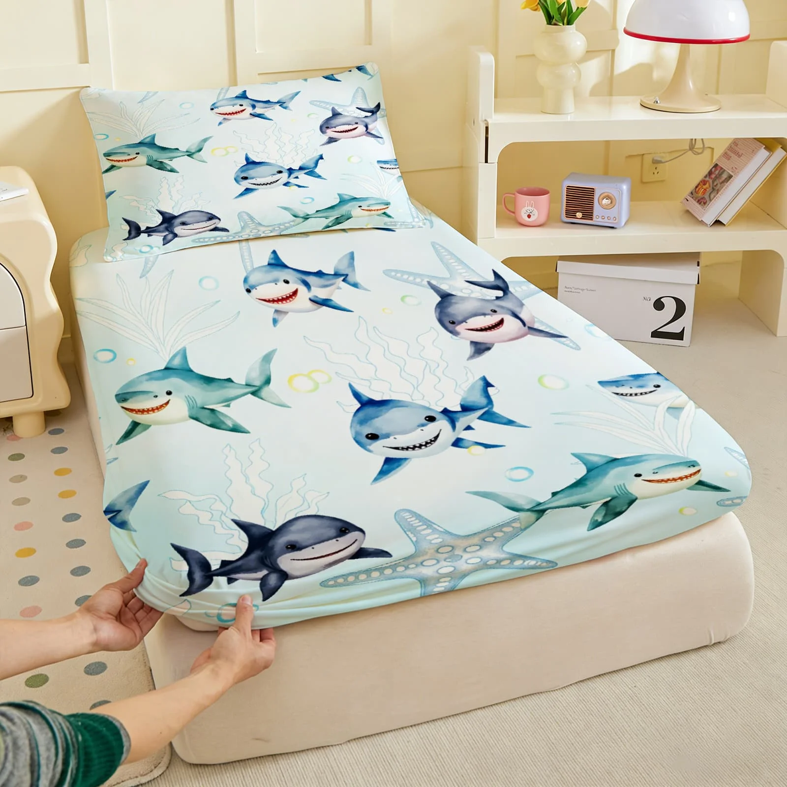1pc Cute Cartoon Sharks Underwater Print Fitted Sheet Deep Pocket Elastic Mattress Cover Single Double Queen King Bedroom Decor