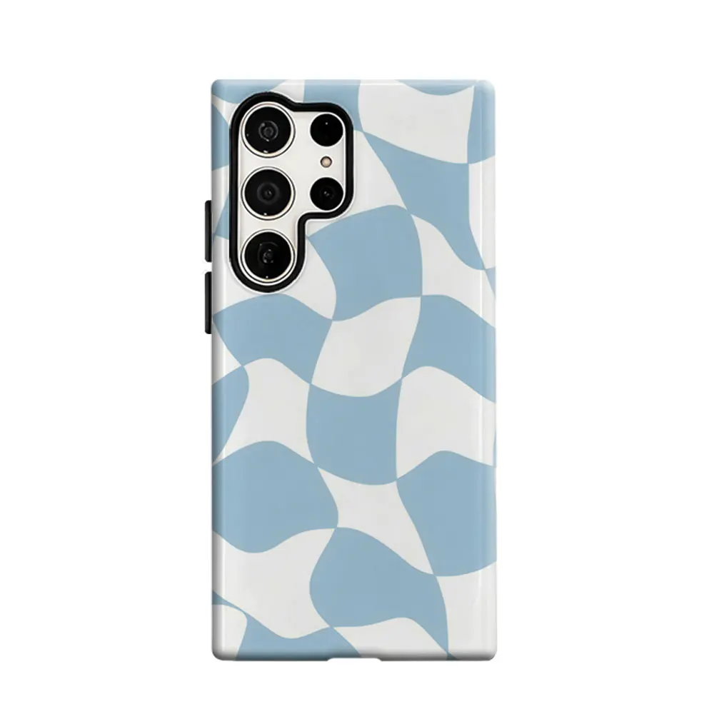 CaseLumi Phone Case For Samsung Galaxy S25 S24 S23 Ultra Plus HD Hard Blue Wavy Checker Double Layer Cover Film Shell