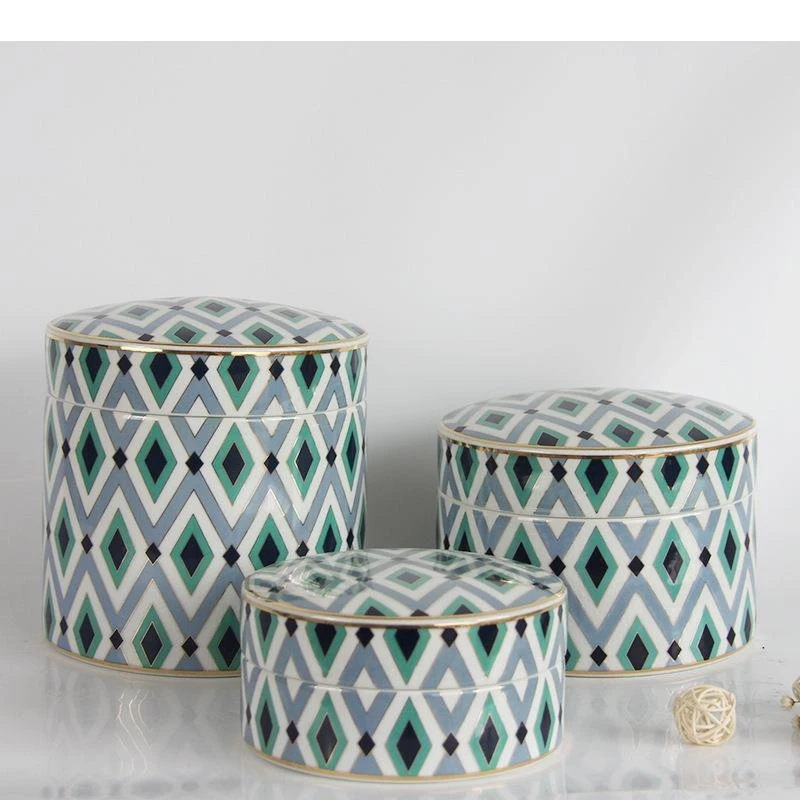 Painted Geometric Texture Ceramic Storage Jar with Lids Tea Canister Porcelain Caddy Candy Pots Cereal Jars Desk Decoration