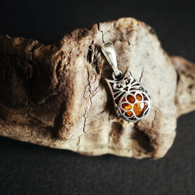 Silver Cat Pendant with Amber Inside and a cute paw on the belly Openwork  kitten Gift for cat lovers Three dimensions pet