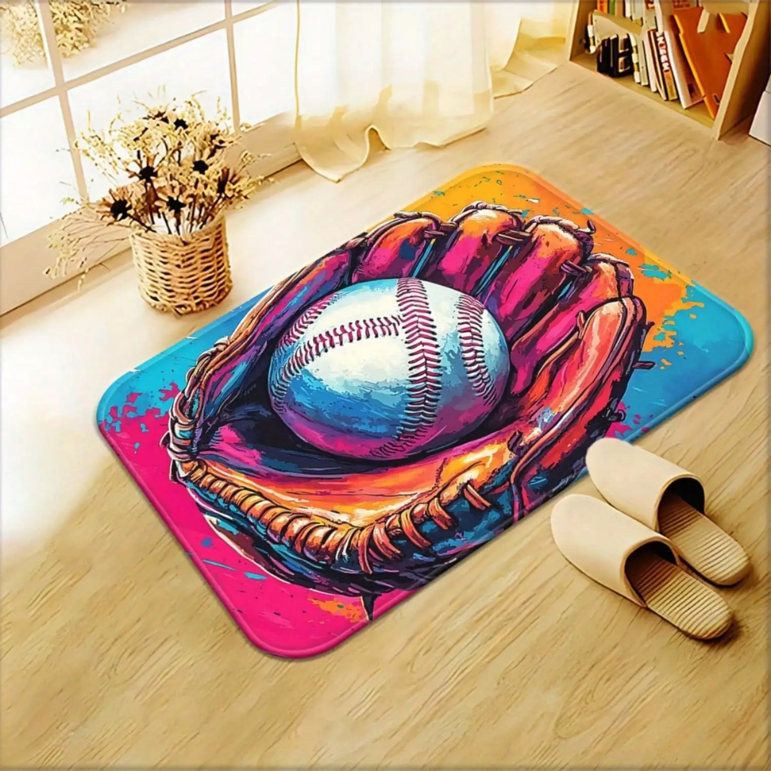 1pc Baseball In A Glove Design Door Mat, Bathroom Floor Mat, Microfiber Absorbent Machine Washable Polyester Rug For Bedroom, Living Room Entrance