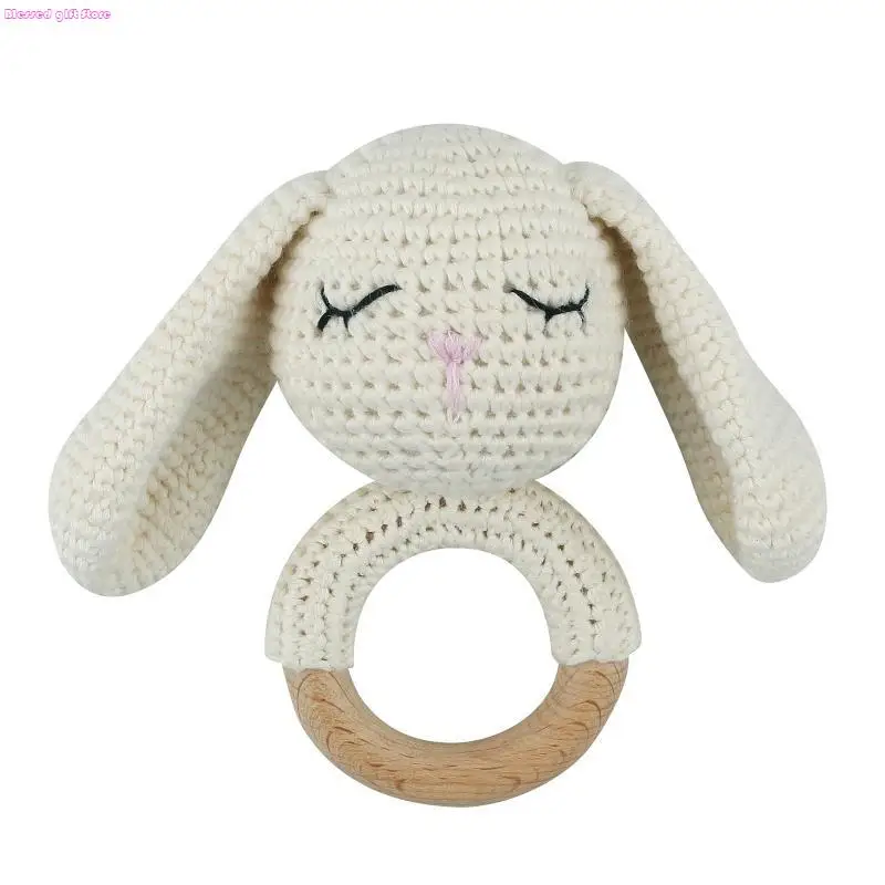 

D0JC Baby Rattle Safe Wooden Toy Mobile Pram Crib Ring DIY Bunny Crochet Rattle Soother Bracelet Teether Handbell Baby Gifts