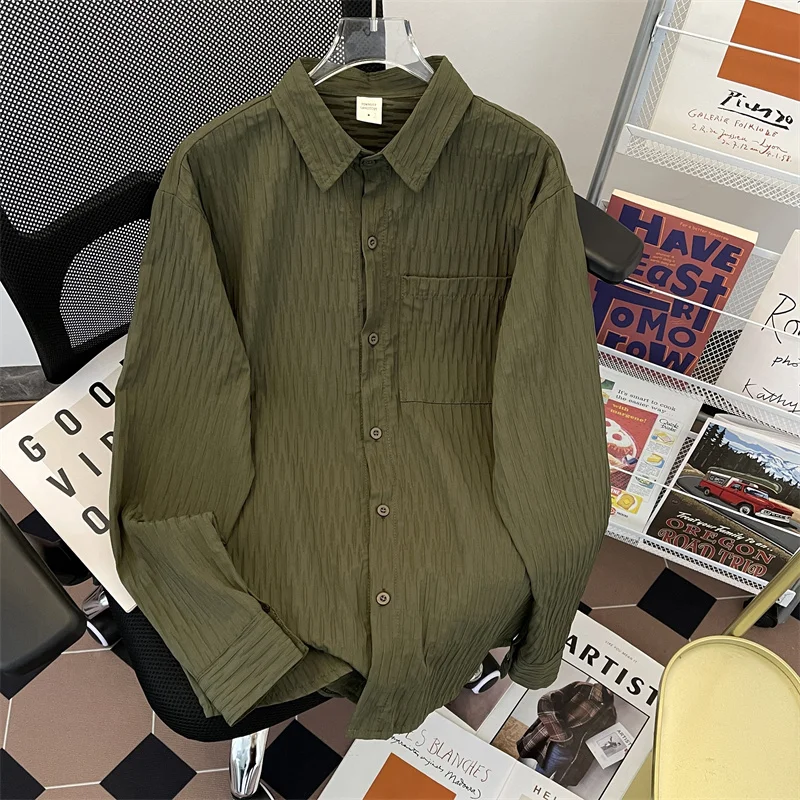 

Korean Style Long Sleeve Casual Shirt Men's Spring Autumn Folded Design Versatile Plain Color Top High-End Feeling Jacket
