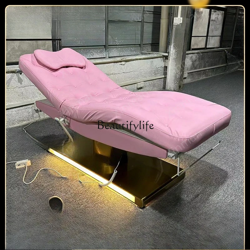 02**Electric eyelash bed 3 motor gold base massage table tattoo chair LED light strip light leather