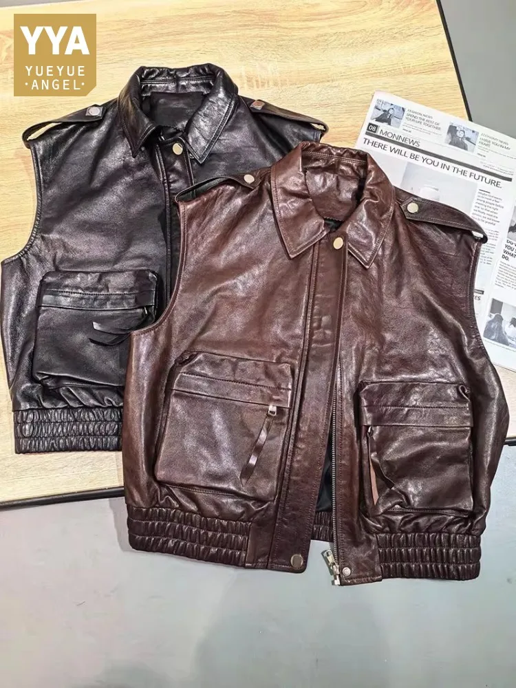 Vintage Wome Oil Wax Sheepskin Waistcoat Boyfriend Style Loose Pockets Work Sleeveless Jacket Moto Biker Genuine Leather Vest