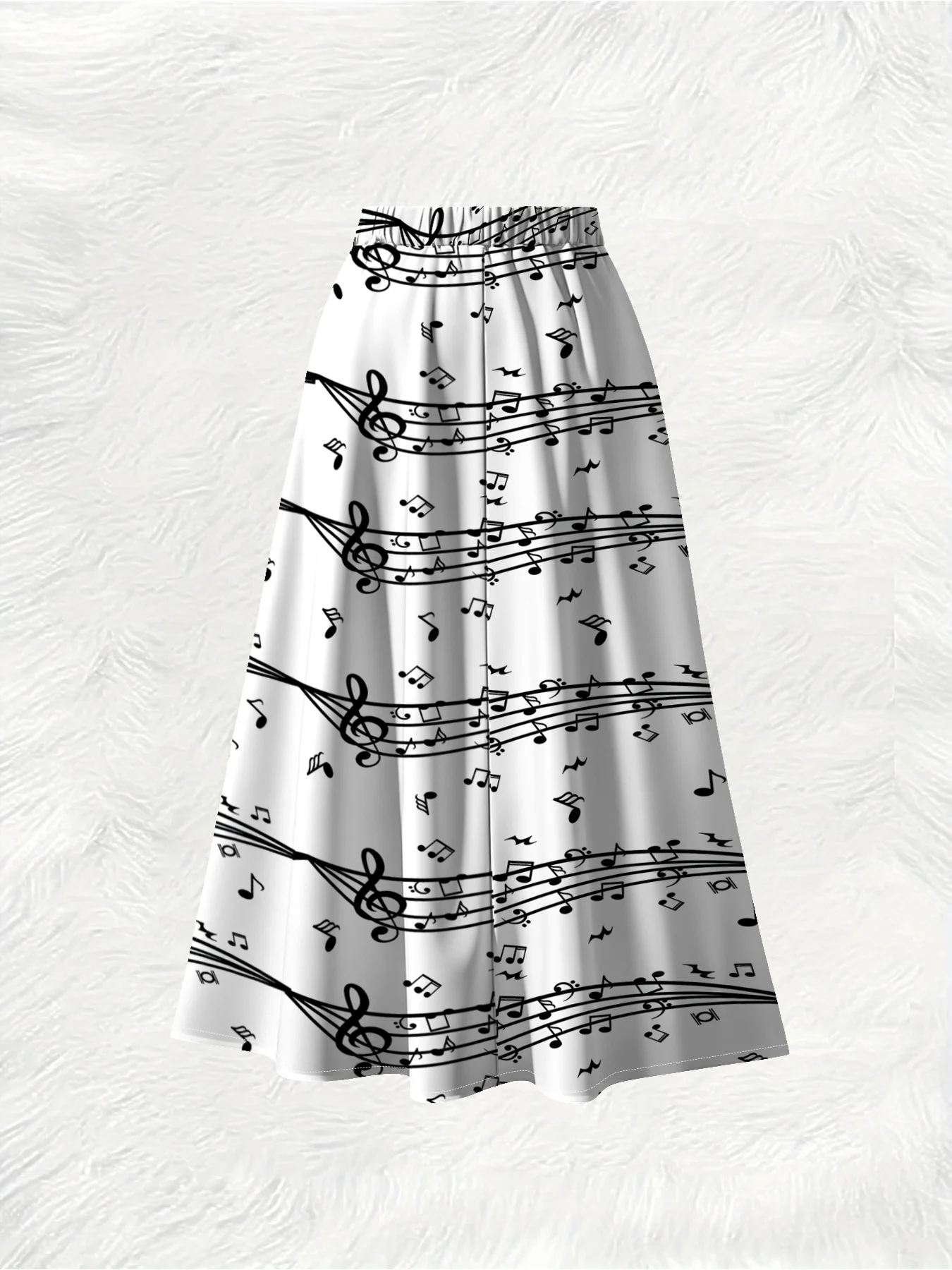 Printed Design Black & White Musical Note Print All-Season Women's Maxi Skirt, Casual Elastic Waist A-Line Half Skirt