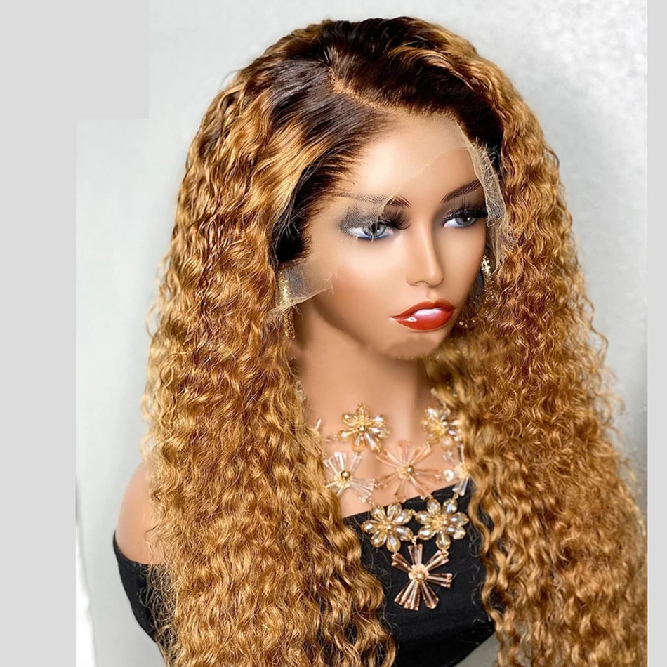 1B27 옹브레 블론드 소프트 26" 긴 변태 곱슬 180 밀도 여성용 레이스 프론트 가발 내열성 합성 글루리스 Preplucked