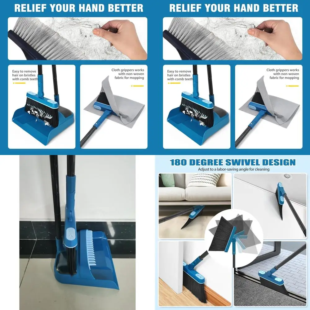 

Long-Handled Swivel Broom and Foldable Dustpan Set, 54 Blue, for Indoor Cleaning