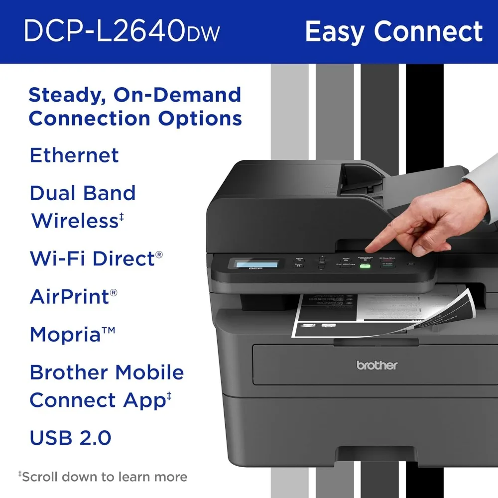 Impressora a laser monocromática compacta sem fio, multifuncional, cópia e digitalização, duplex móvel, preto e branco, DCP-L2640DW