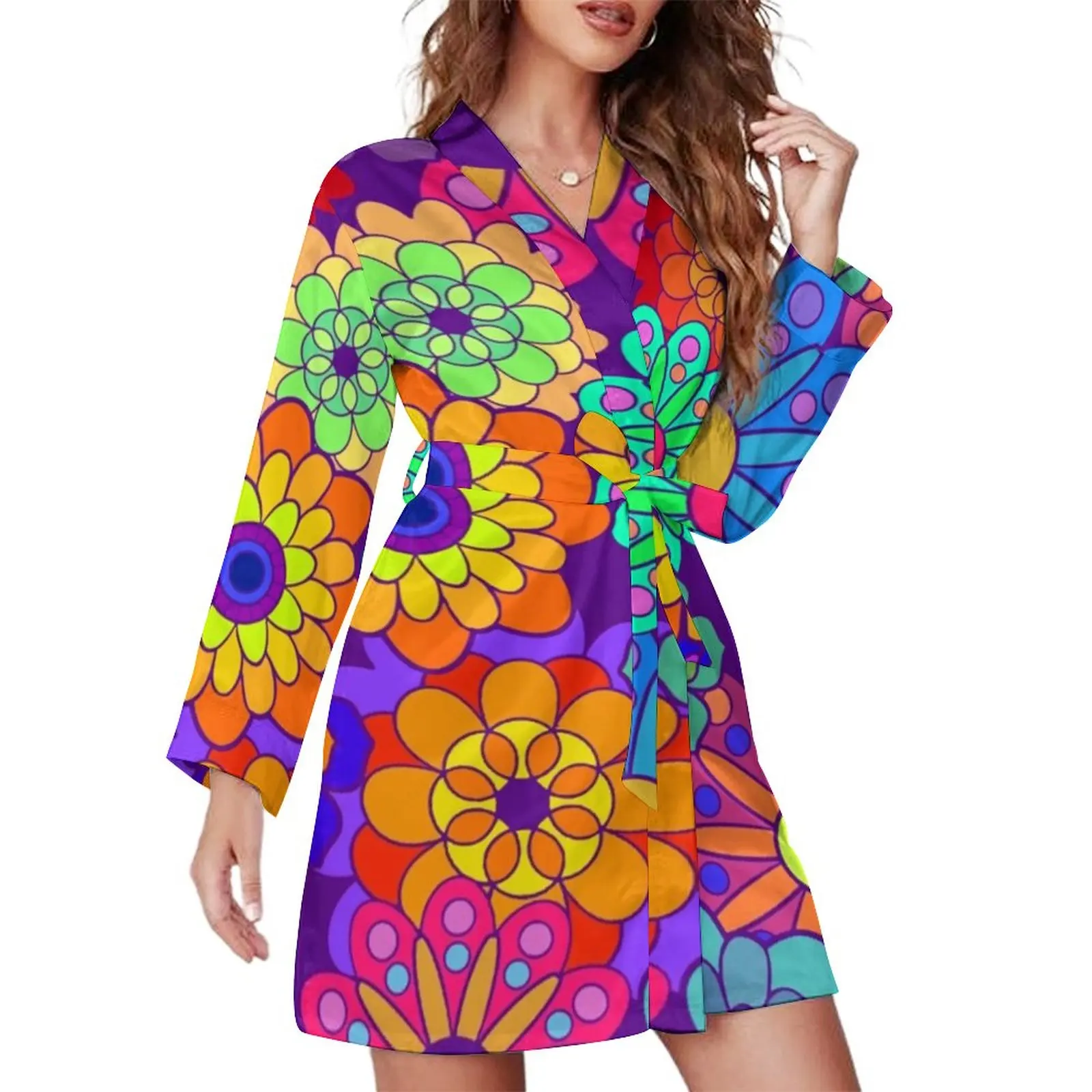 

Retro Psychedelic Pajama Robe Womens Hippy Flowers Print Bedroom Sleepwear Long Sleeves V Neck Graphic Pajamas Robes Retro Dress