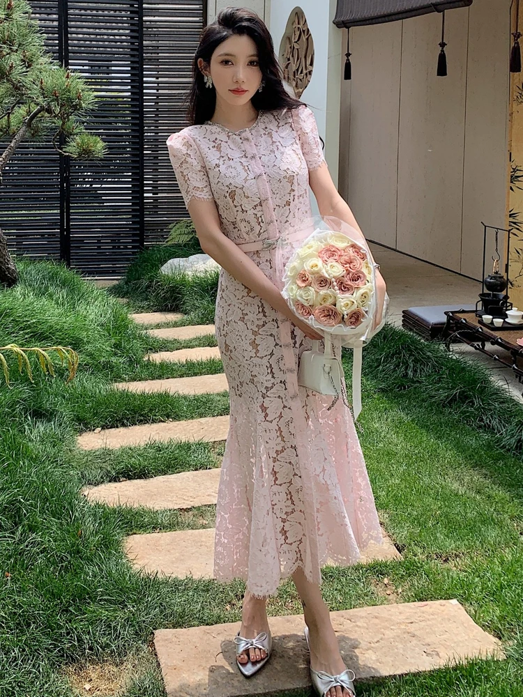 

Элегантное розовое кружевное длинное вечернее платье для женщин, стройнящее фигуру, новинка 2025 года, модное повседневное макси-платье из трикотажного полиэстера