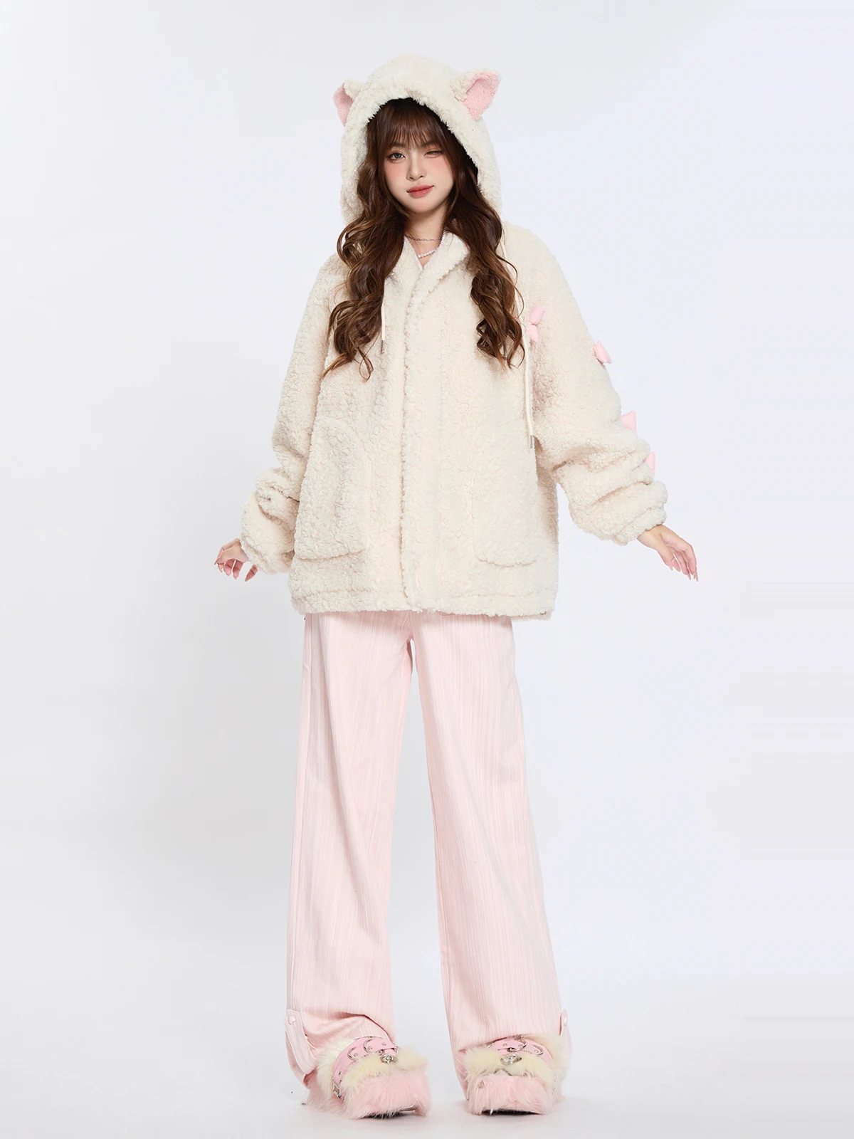 

ENJOG Sweet Cool Lamb Fur Jaet Женская зимняя хлопковая куртка свободного кроя с капюшоном из серии Milk, новинка