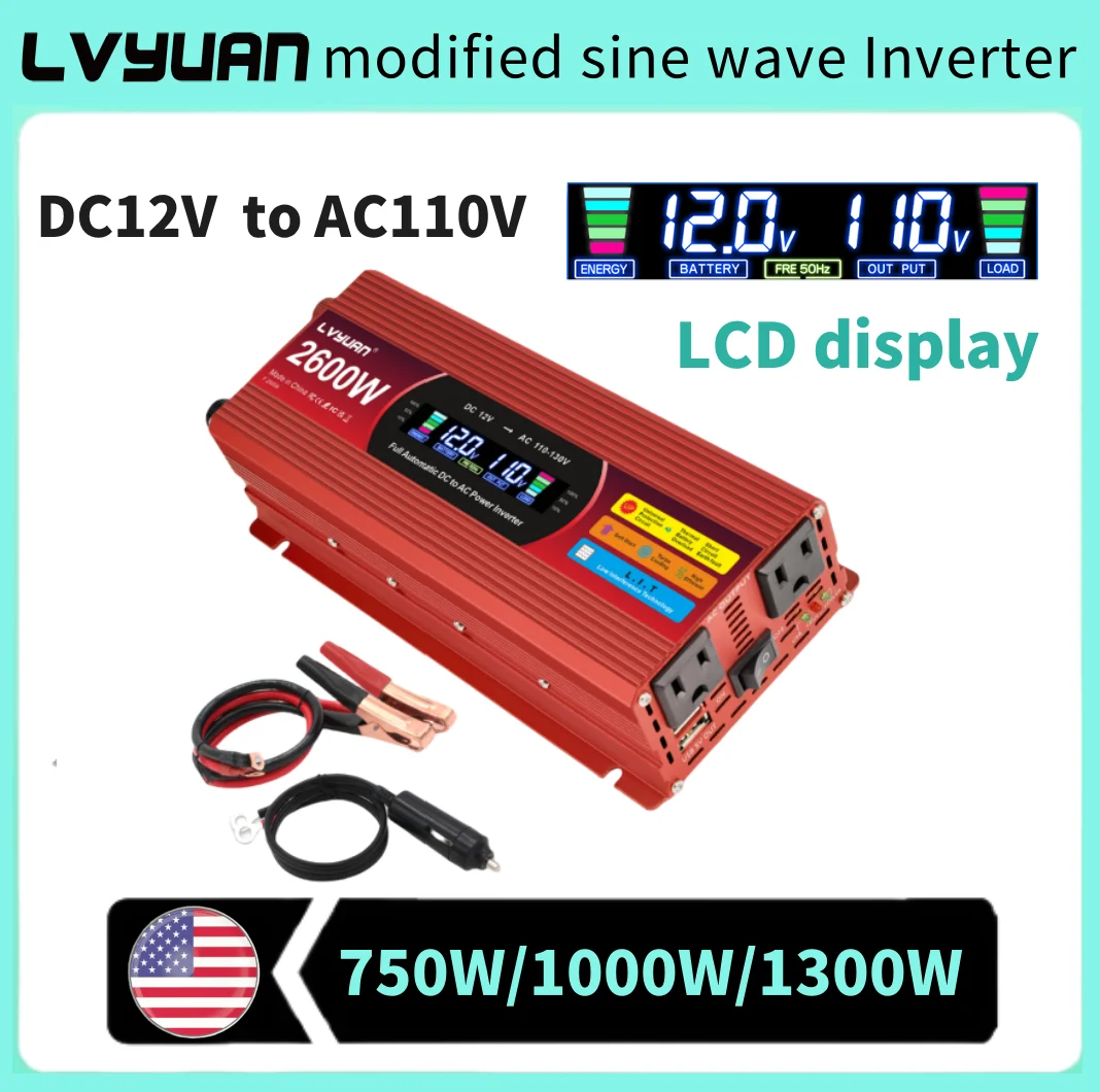 

LCD Inverter DC12V AC110V Continuous Power 750W/1000W/1300W US Socket&60Hz Car Inversor