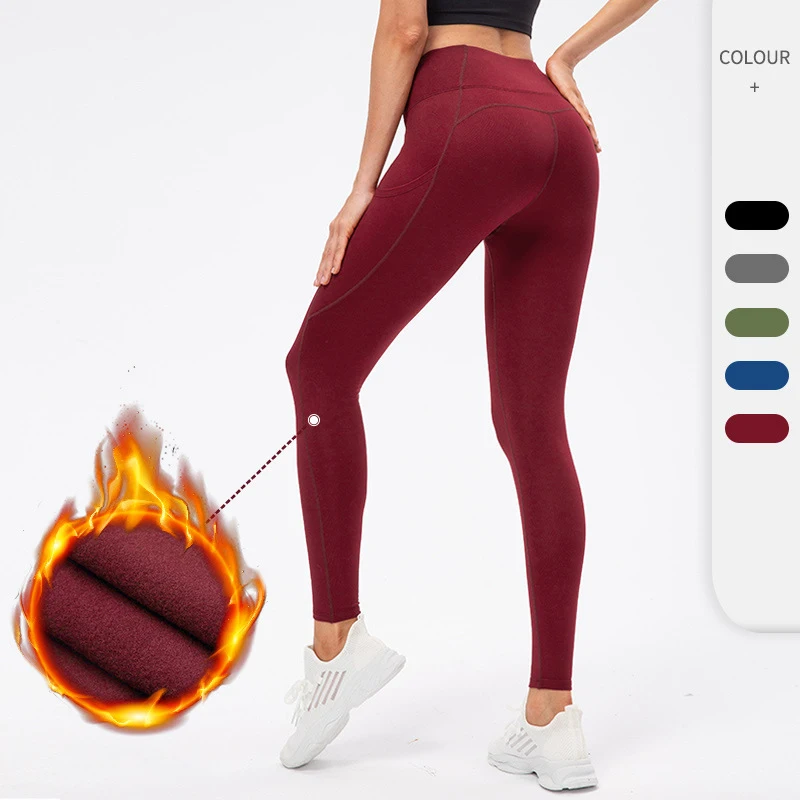 

Women Fleece Yoga Leggings With Pocket Elastic High Waist Slim Gym Tights Pants Running Wourkout Fitness Trousers Custom Logo