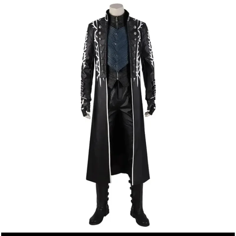

Hot Game DMC5 Cosplay Vergil Costume Nelo Complete Outfit with Boots Halloween Carnival Men Suit Jacket Vest Custom Made