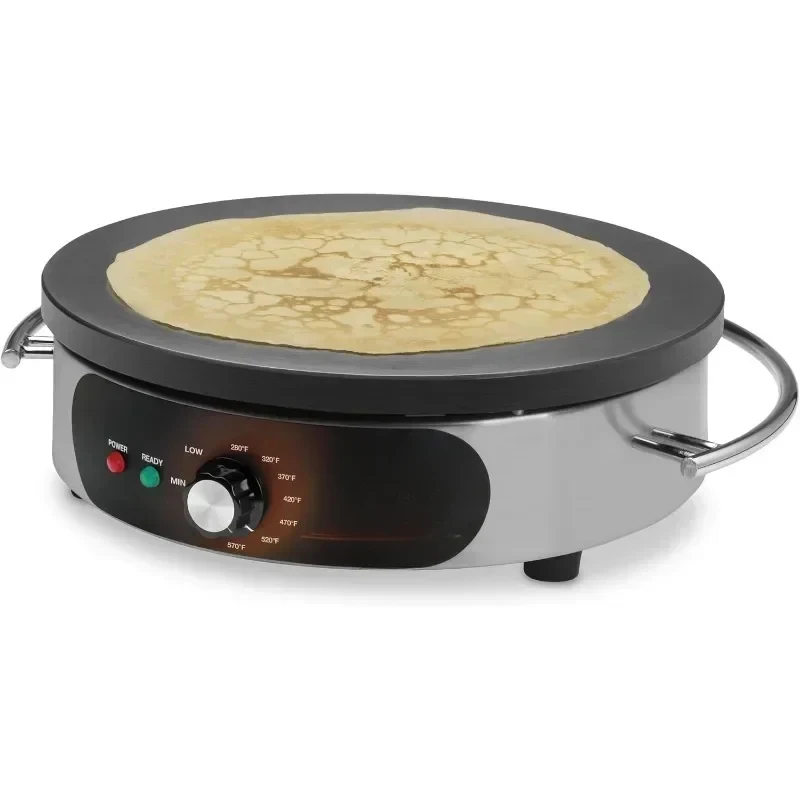 Commercial Electric Crepe Maker, Cast Iron Cooking Surface, Stainless Steel Base, Includes Batter Spreader and Spatula