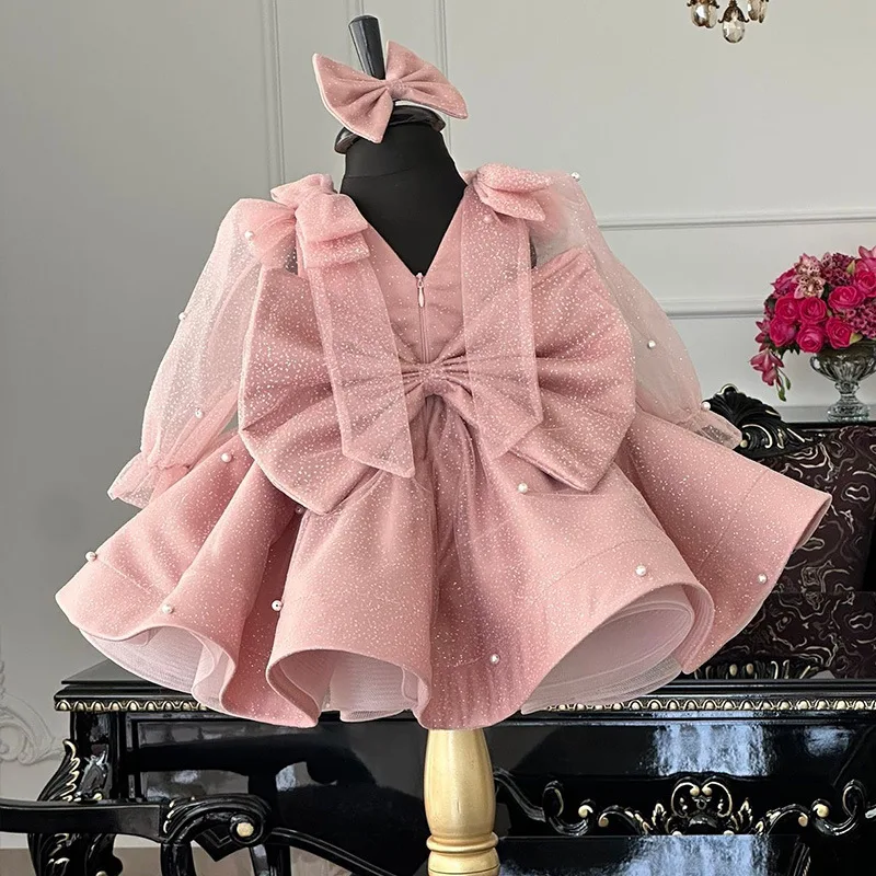 Pink Princess Dress for Girls with Oversized Bow Pearl Embellished Tutu Party Gown for Birthday & Flower Girl Kids New Arrival