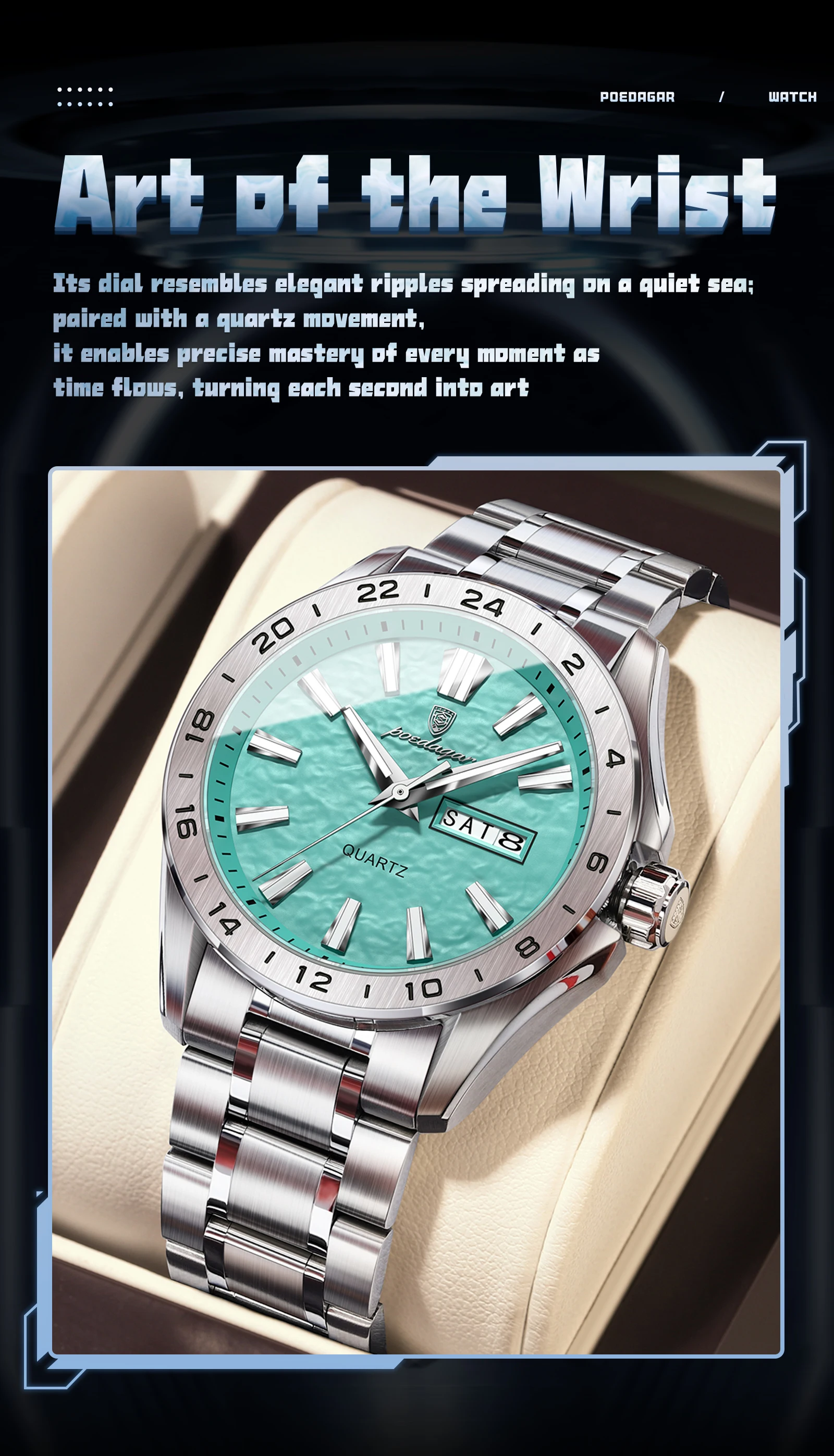 POEDAGAR Top-Mode Herrenuhr, Business, Leuchtend, Wasserdicht, Edelstahl, Herrenuhr mit Datum, Wochentag, Quarz, Sportuhr, Herrenuhren, Reloj – Detail 3