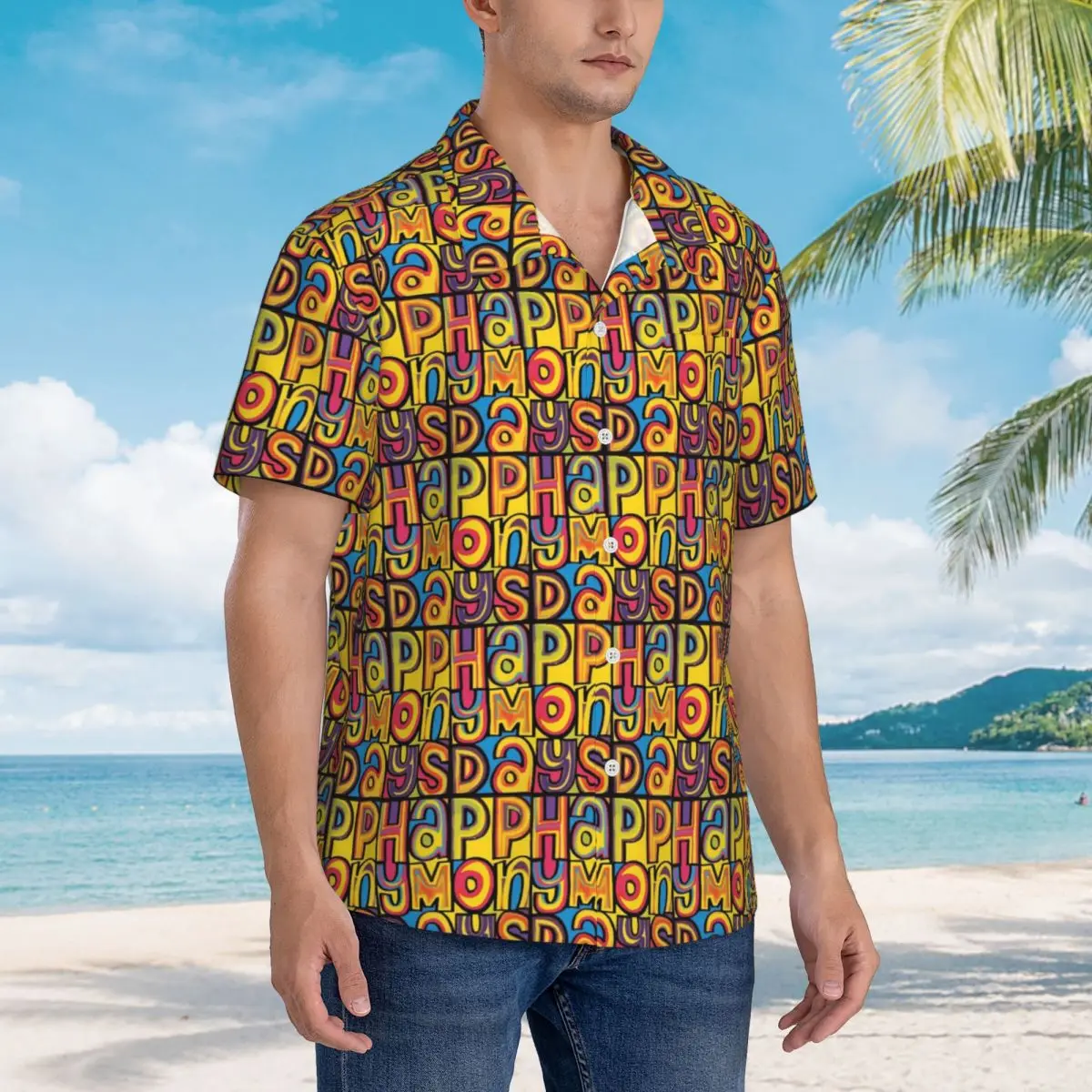 Happy Mondays Hawaii-Hemden Lässige Kurzarm-Hemden für Herren Sommer Strand Herren-Knopfhemden