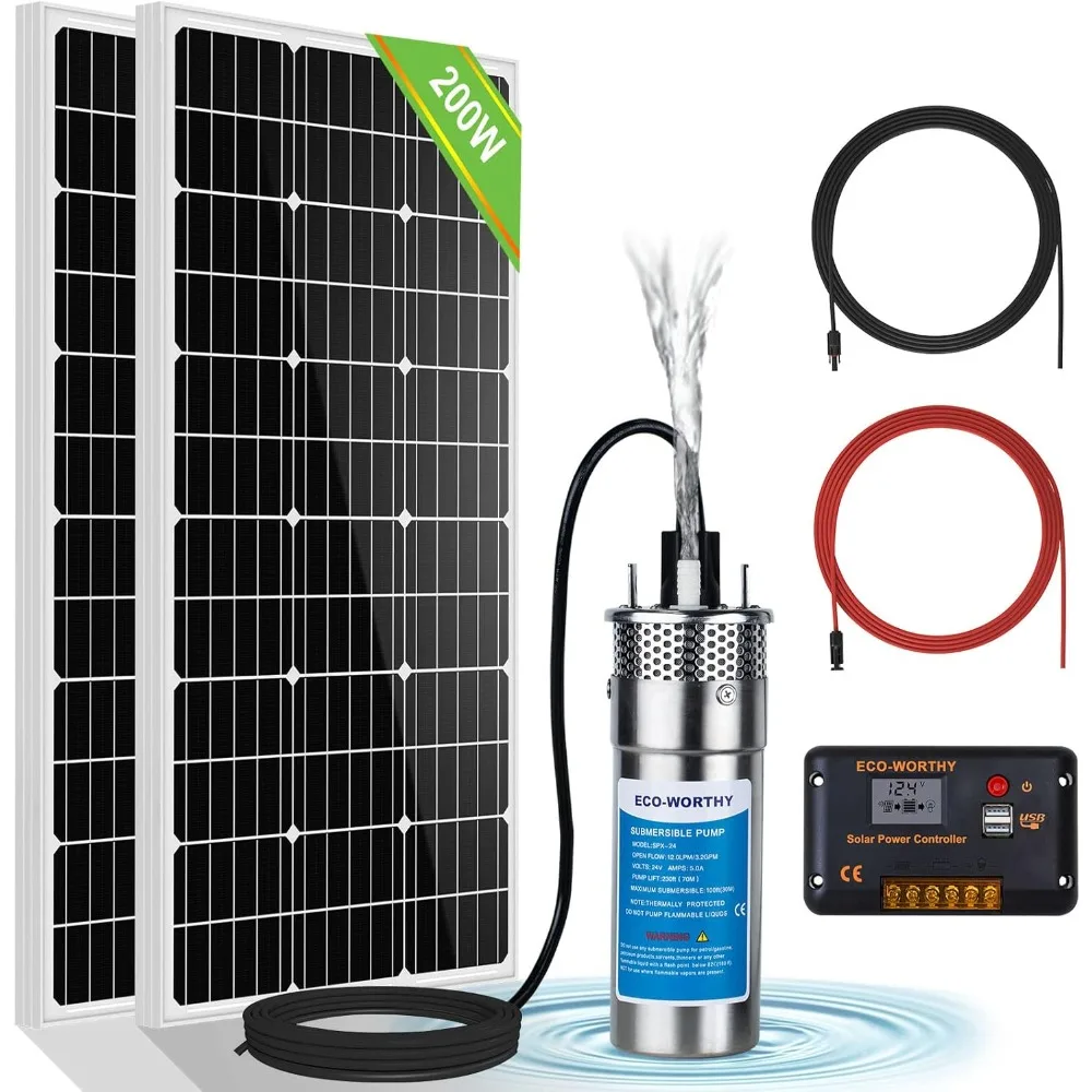 200W 24V Solar Water Pump System, Large Flow 3.2GPM, 2pcs 100 Watts Solar Panel + Submersible Well Pump + 20A Controller