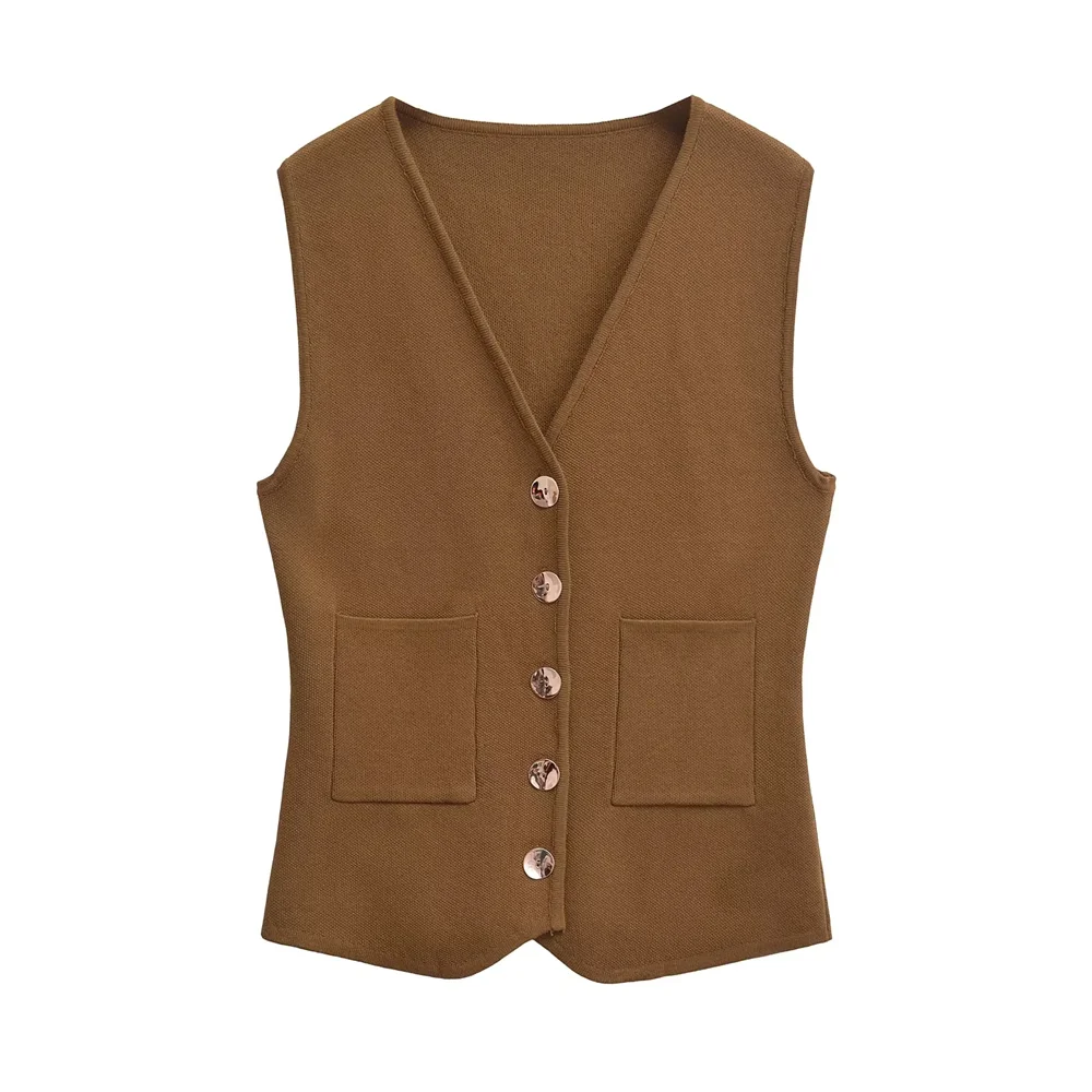 

PB&ZA2024 Autumn New Product Women's Fashion Versatile Gold Button Knitted V-neck Sleeveless Tank Top