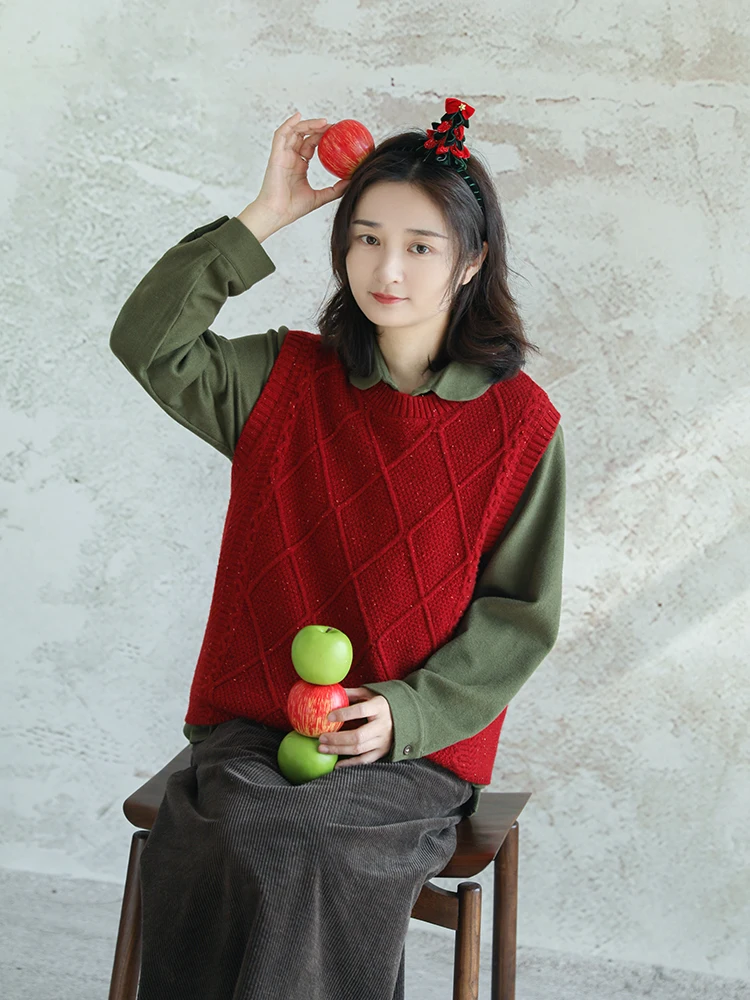 

Женский вязаный жилет из 100% шерсти в стиле ретро, с круглым вырезом, свободного кроя, теплый, осенне-зимний, модный женский свитер