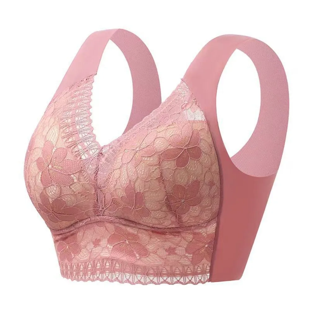

Sweet Plus Size Lace Women's Underwear Shockproof Comfortable Wireless Deep V Bra Lingerie Close-fitting Seamless Bra Ladies