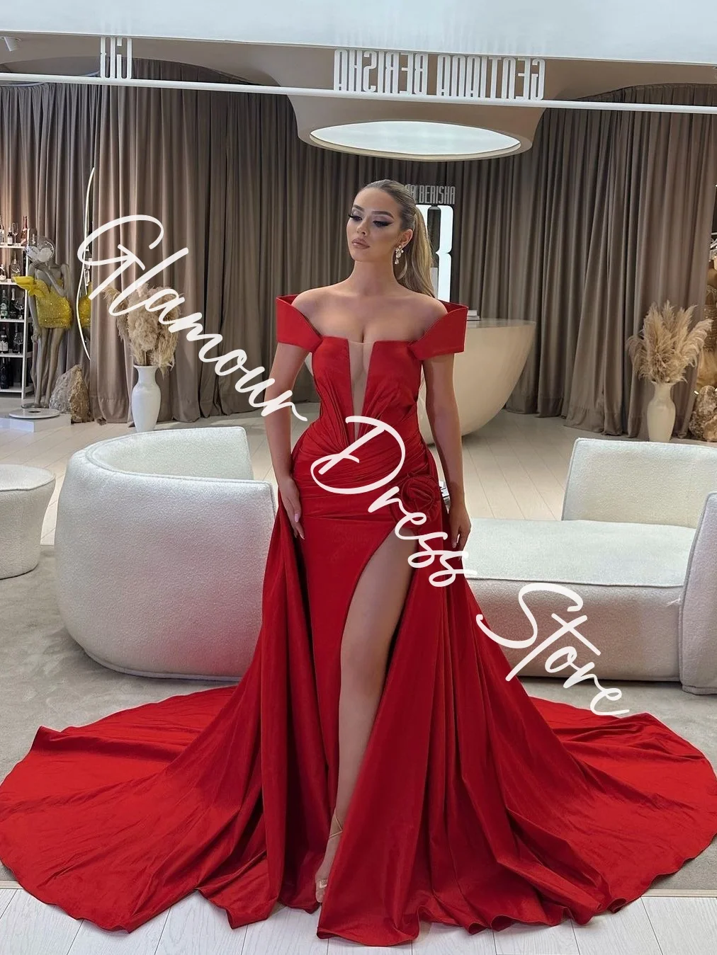 تخصيص أزياء جيرسي مستقيم قبالة الكتف الزهور فساتين السهرة حمالة قطار لوحة حمراء قصيرة الأكمام Pr #6