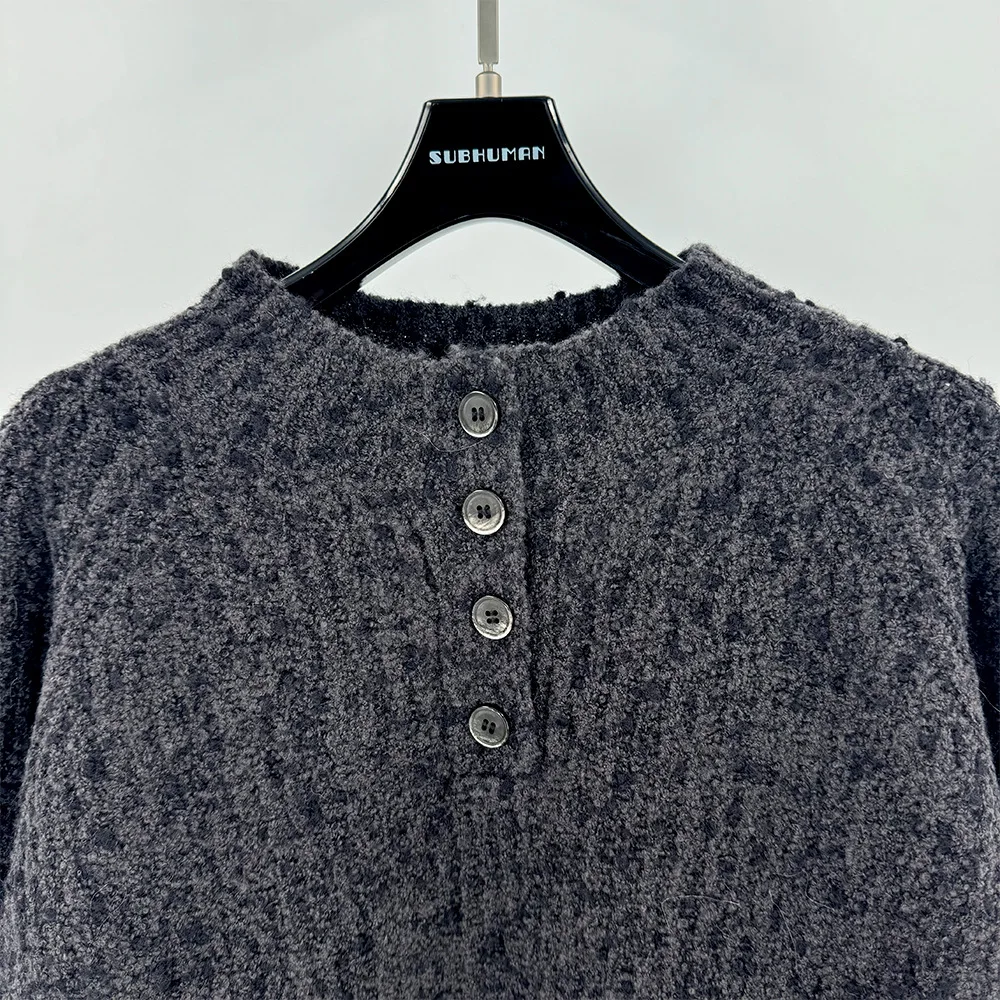 Wool-Blend Women's T-Shirt Y2K Button Detail Simple Elegant Commuter Round Neck Long Sleeve Base Layer Top 2025 Fall/Winter New