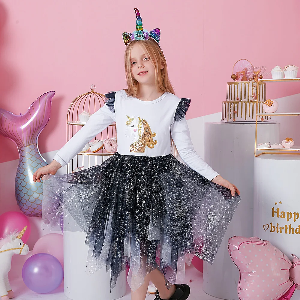 

VIKITA Children Casual Costumes Wear Girls Licorne Sequined Appliqued Irregular Mesh Tulle Frocks Infantil Vestidos 3 to 8 Years