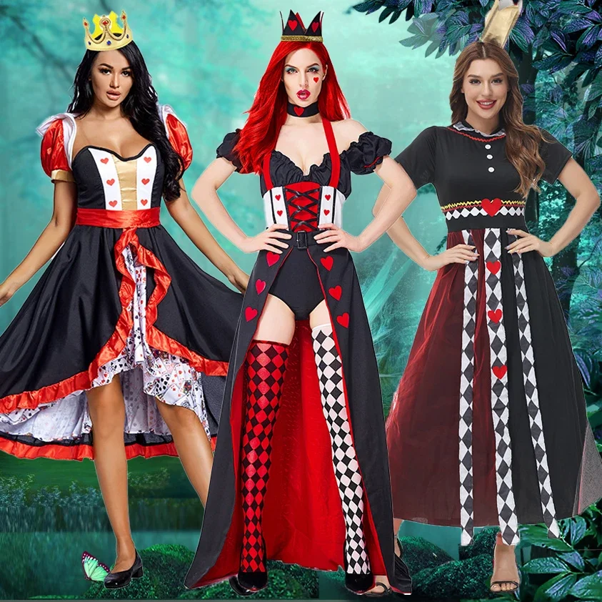 Alice nel paese delle meraviglie regina dei cuori Costume Cosplay per le donne Sexy abito a forcella alta Poker Queen Halloween Paty Masquerade Costume