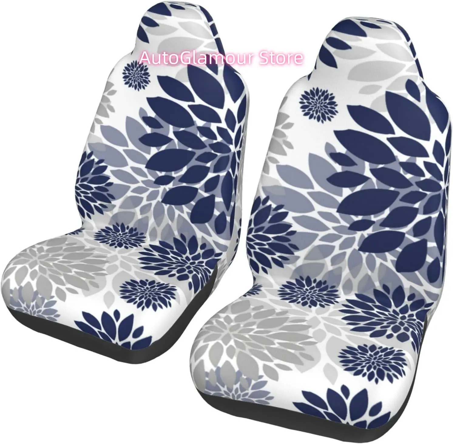 Navy Blue Gray Flower Pattern 2-Piece   Seat Cover Complete Set - Elastic Seat Protection Cover for Cars, Trucks, S