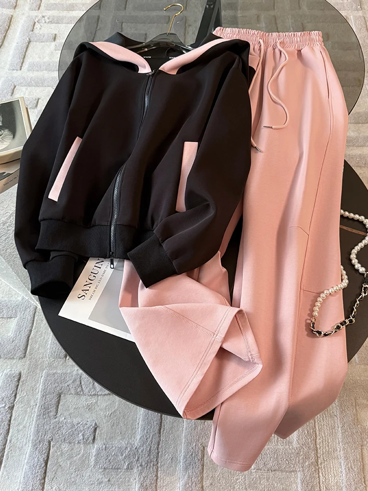 

Fashionable Sportswear Set Women's Pink Wide Leg Pants Top And Bottoms Two-Piece Suite Casual Outfit Autumn Collection