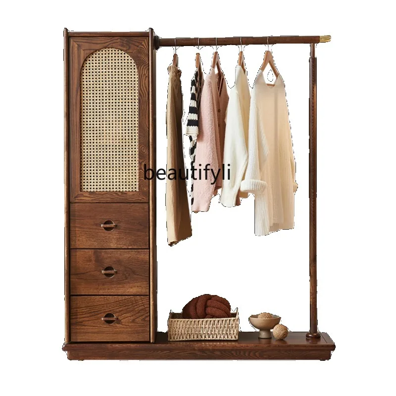 Solid Wood Coat and Hat Rack Small Apartment Rattan Wardrobe Simple Multi-Functional Floor-Type Coat Hanger Storage Cabinet