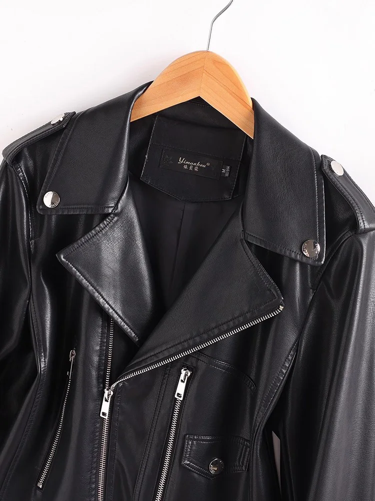 New Women Split Leather Biker Jacket Spring Autumn Fashion Notched Collar Long Sleeve Short Leather Coat Casual Outerwear Female