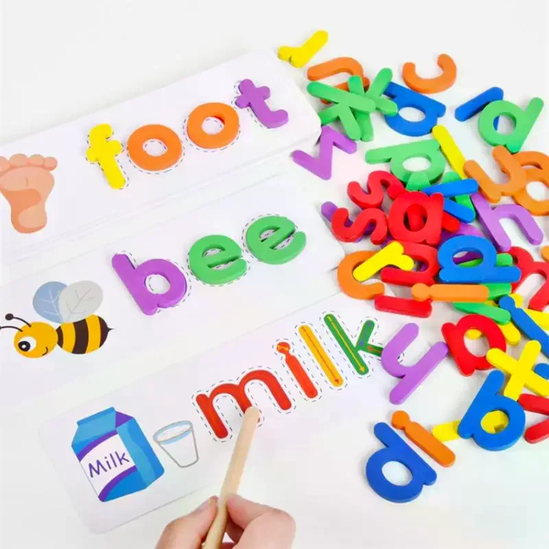 52 Stuks Baby Puzzels Montessori Games Met 28 Stuks Leerkaarten Engels Alfabet Spelling Woord Houten Educatief Speelgoed Voor kinderen