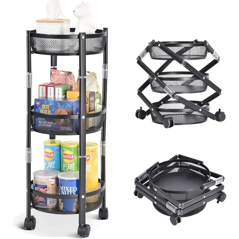 

For 3-Tier Metal Storage Rolling Cart, Foldable Utility Cart on Wheels Assembly-Free, Versatile Serving Organizer Trolley