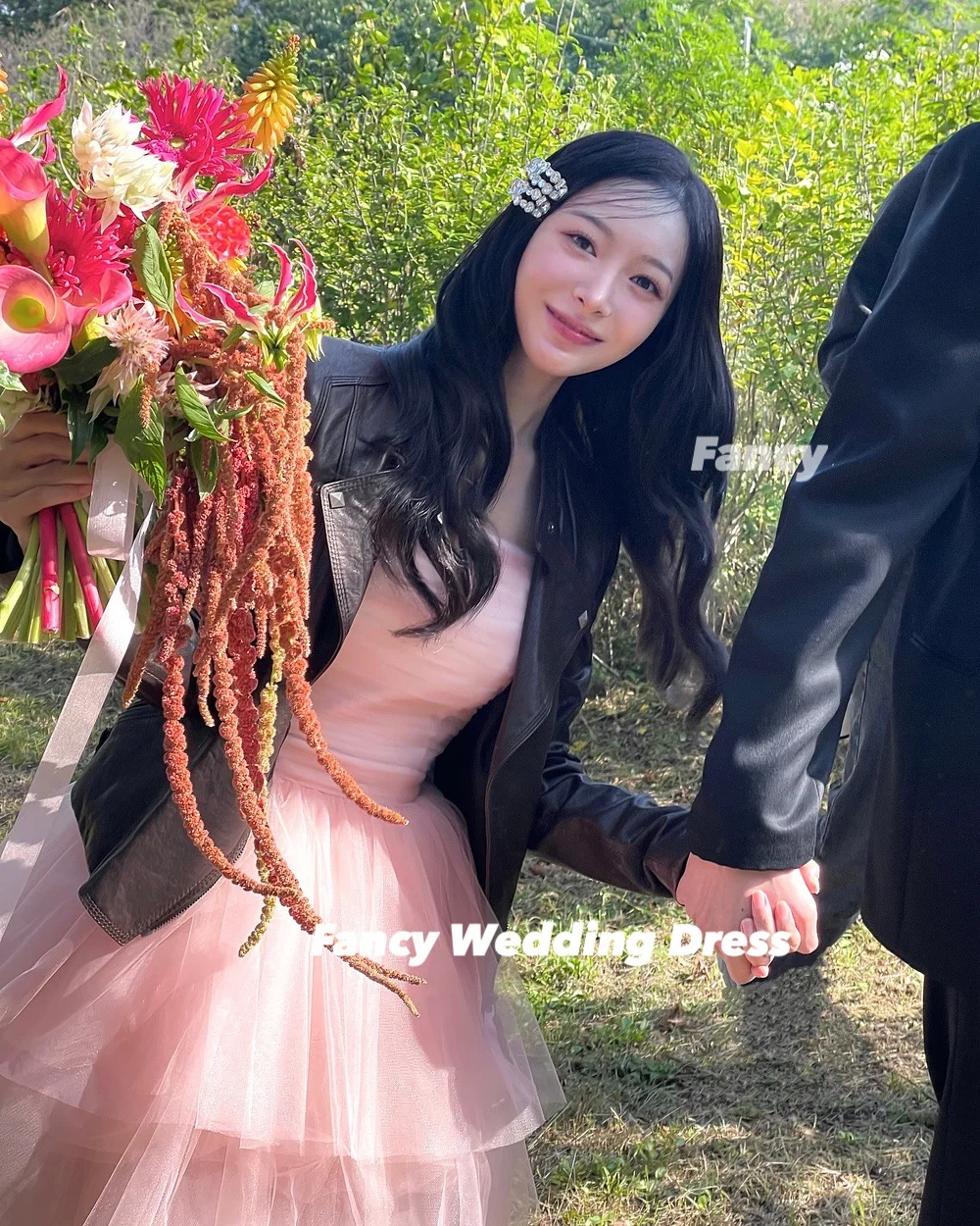 Fancy Simple Pink Korea Wedding Party Engagement Dresses A Line Tiered Ruffles Evening Dresses Soft Tulle 웨딩드레스 Customized