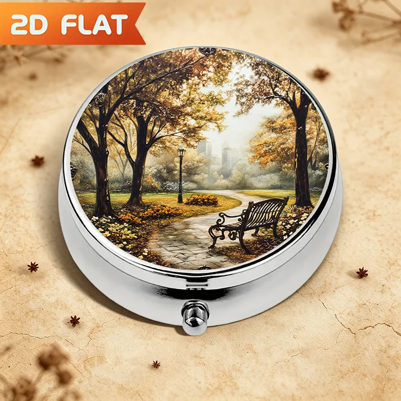 Single-piece, flat, circular three-compartment storage box with park scenery pattern, portable travel case, simple and high-end, suitable for girls, made of durable metal and plastic, portable storage box