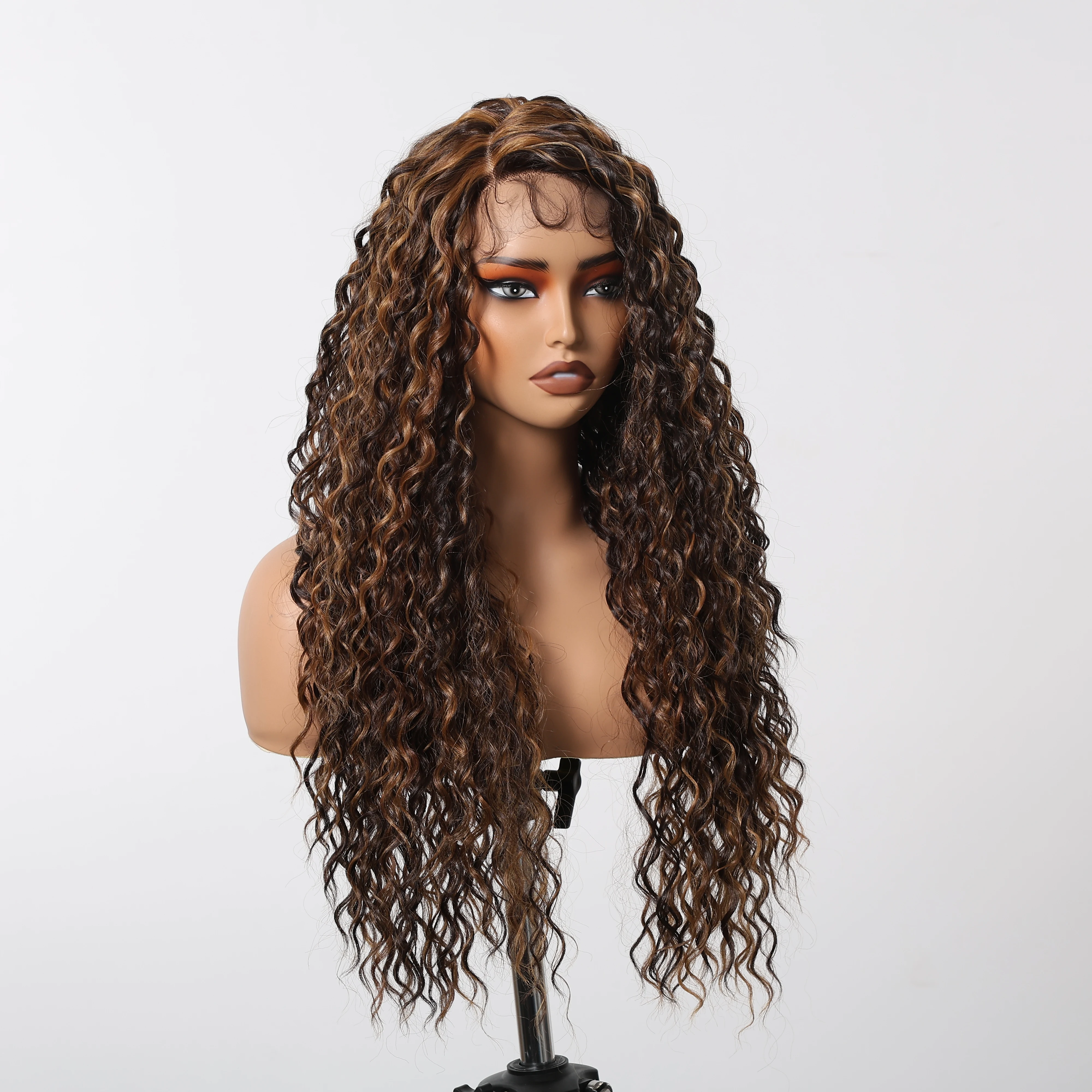 CharmSource Long13x4x1 Lace Synthetic Wigs Brown Highlight Golden Curly Wig for Black Women Natural High Density Daily Use