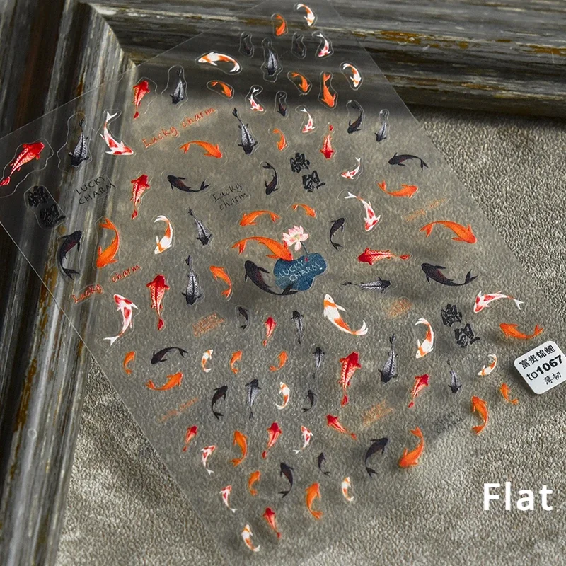 Rode gebroken karper Koi Cyprinidae Gunstige vis Lentebloem 5D Nail Art Stickers Verse levendige reliëf zelfklevende manicure sticker