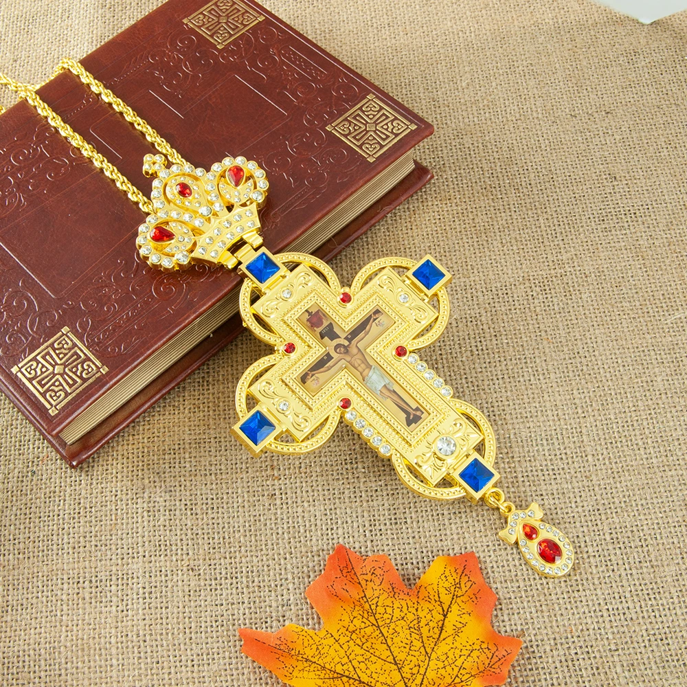 قلادة صليب مسيحي أرثوذكسي من HTISOK مطلية بالذهب مع أحجار كريمة وأحجار الراين هدية أرثوذكسية لكنيسة زفاف عيد الفصح القس #5