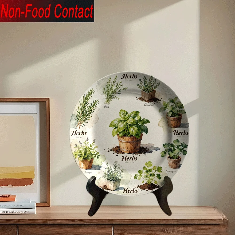 2D Flat - 1pc Hand-Painted-Look Ceramic Decorative Plate - Elegant Herb Garden Design with Mint, Rosemary, Sage, Lavender,